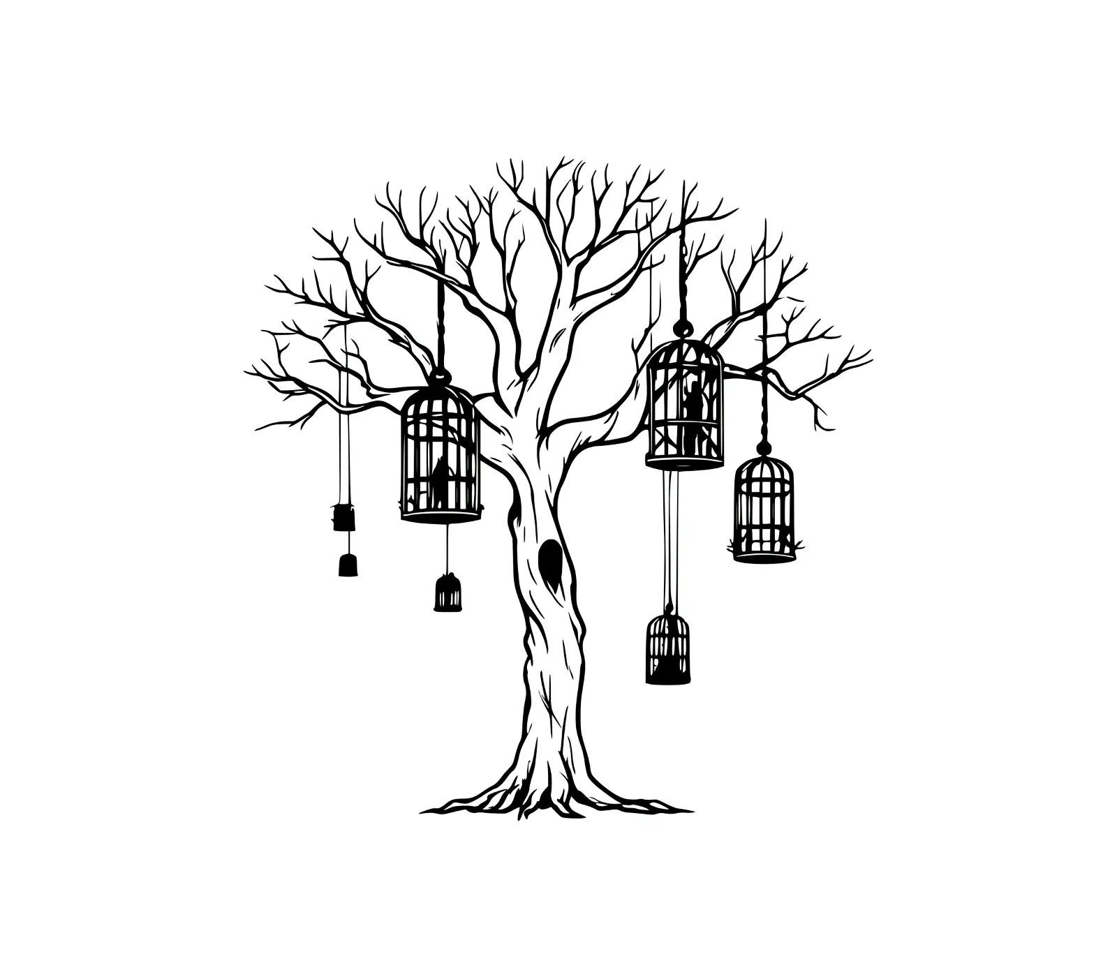 Dreaming Tree SVG: Mystical Silhouette with Cages