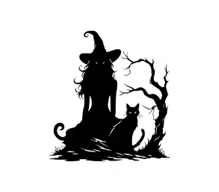 Download Enchanting Witch SVG: Spooky Silhouette with Cat & Tree for Halloween Crafts | Witchy Vector Art