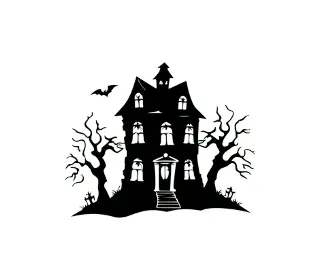 Download Spooky Haunted House SVG: Gothic Mansion Silhouette with Dead Trees for Halloween Art and Crafts