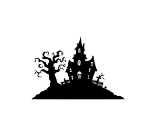 Download Spooky Haunted House SVG: Gothic Castle Silhouette with Eerie Tree for Halloween Crafts and Decor